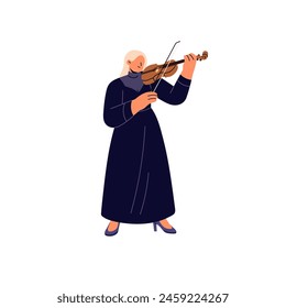 Talented violinist plays violin with fiddle bow. Musician performs music with viola and fiddlestick. Symphony in string instrument artist performance. Flat isolated vector illustration on white