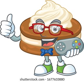 Talented white cream alfajor gamer mascot design using controller