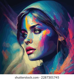 A talented woman artist captured in the act of creating a beautiful painting. The artwork is full of colors and strokes that reflect the passion and dedication of the artist, making it a perfect piece