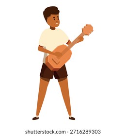 Talented young boy playing an acoustic guitar, enjoying music and performing a song