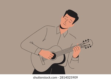 Talented young man playing an acoustic guitar with his eyes closed, expressing deep emotion and passion for music and performing.