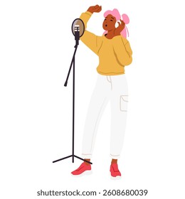 Talented young woman vocalist cartoon character singing song standing at studio microphone isolated on white background. Professional female singer artist recording music track vector illustration