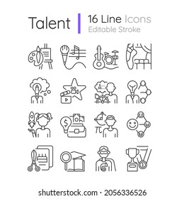 Talents and aptitudes linear icons set. Skills and intelligence. Creative and professional abilities. Customizable thin line contour symbols. Isolated vector outline illustrations. Editable stroke