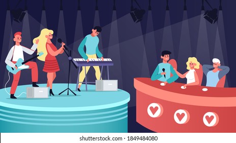 Talents Music Show. Vocal, Musical TV Competition, Audition Contest Performing And Jury Judge. Singing Talent Show Vector Illustration. Musicians Playing Guitar And Keyboard On Stage