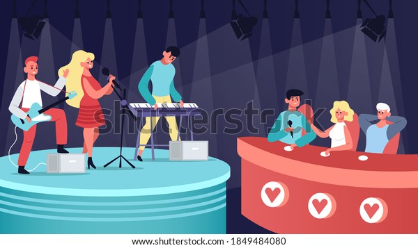 Talents\
music show. Vocal, musical TV competition, audition contest\
performing and jury judge. Singing talent show vector illustration.\
Musicians playing guitar and keyboard on\
stage