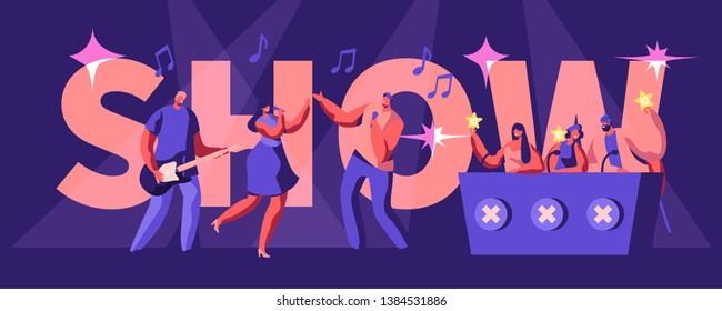 Talents Show Concept. Artists Sing and Play Guitar on Stage in Front of Judges Holding Gold Stars in Hands. Girl and Man Duet on Scene.Poster, Banner, Flyer, Brochure. Cartoon Flat Vector Illustration