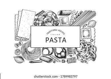 plantilla de diseño de pasta de talia. Ilustración de alimentos vectoriales dibujada a mano. Estilo grabado. Pasta vintage de diferentes tipos de fondo.