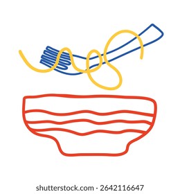 talian pasta in doodle style. Hand drawn chalk crayon food sketch. Italy ingredient for dish menu, cafe, restaurant, wedding, print, invitation. Minimalist flat dish spaghetti. Vector illustration.