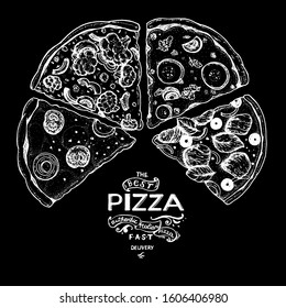 talian Pizza hand drawn vector illustration. Pizza slices in a circle.  Hand drawn doodle sketch. Great design for pizza packaging.