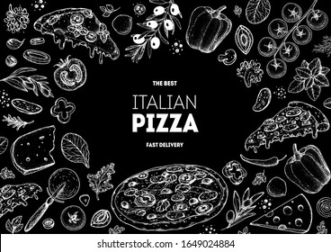 talian pizza and ingredients. Italian food menu design template. Pizzeria menu design template. Vintage hand drawn sketch vector illustration. Engraved image.