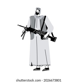 Taliban guy, head of man bearded and with a mustache wearing a turban. Man with a weapon in his hands, saudi. Vector illustration in flat cartoon style