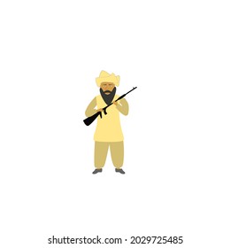
Taliban-Mann, der Kopf des Menschen bärtet und mit einem Schnurrbart mit einem Turban. Mann mit einer Waffe in seinen Händen.

