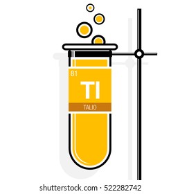 Talio symbol - Thallium in Spanish language - on label in a yellow test tube with holder. Element number 81 of the Periodic Table of the Elements - Chemistry 