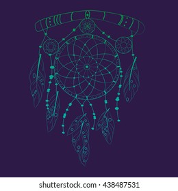 Talisman American indetsev. Dreamcatcher with feathers. Vector. Illustration, isolated on a blue background. Ethnic design.