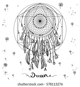 talisman dreamcatcher with feathers. Vector hipster illustration isolated on white. Ethnic design, boho chic, tribal symbol. Coloring book for adults. inscription dream. Vector illustration