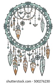 Talisman metal dreamcatcher with feathers.Motives of the American Indians.Ethnic design, boho chic, tribal symbol.Vector illustration isolated on a white background.Print, posters, t-shirt, textiles.