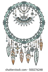 Talisman metal dreamcatcher with feathers.Motives of the American Indians.Ethnic design, boho chic, tribal symbol.Vector illustration isolated on a white background.Print, posters, t-shirt, textiles.