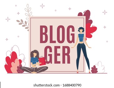 Sprechen Sie über Einkauf und zeigen Sie sich als Blogger. Zwei beliebte Girl, eines sitzend auf Fußboden und Holding Papier Bag mit Einkauf im Firmenshop. Frauen Stand in der Nähe und zeigen, wie man Pose.