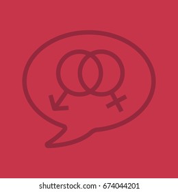 Talk about sex linear icon. Chat box with interlocked man and woman signs inside. Thin line outline symbols on color background. Vector illustration