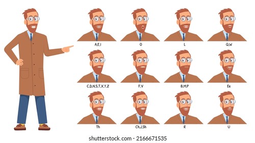 Talk Animation. Human Mouth Articulating, Lip Movements On Male Model. Man Face Talk, Business Character Speaking English Pronounce Letters, Decent Vector Concept