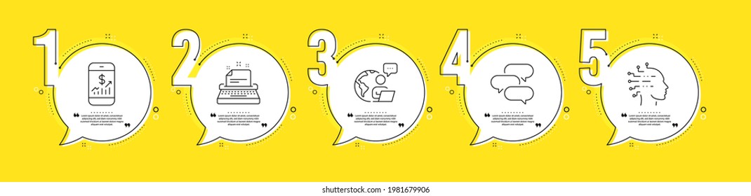 Talk bubble, Artificial intelligence and Mobile finance line icons set. Timeline process infograph. Typewriter sign. Chat message, Mind intellect, Phone accounting. Instruction. Technology set. Vector