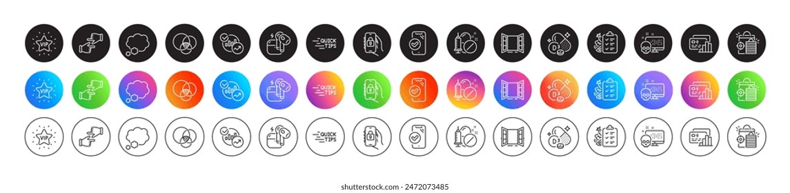 Talk bubble, Diet menu and Open door line icons. Round icon gradient buttons. Pack of Euler diagram, Education, Locked app icon. Card, Seo shopping, Statistics pictogram. Vector
