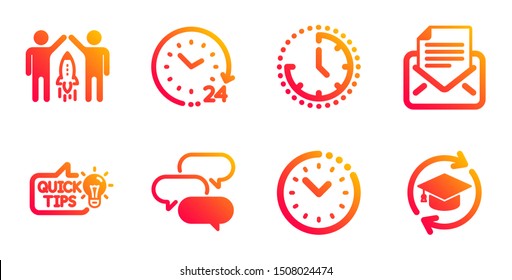 Talk bubble, Mail correspondence and Education idea line icons set. 24 hours, Partnership and Time signs. Time management, Continuing education symbols. Chat message, E-mail newsletter. Vector