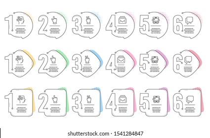 Talk bubble, Messages and Click hand line icons set. Infographic timeline. Bus, Victory hand and Mail signs. Chat message, Notifications, Direction finger. Tourism transport. Business set. Vector