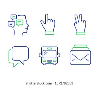 Talk bubble, Messages and Click hand line icons set. Bus, Victory hand and Mail signs. Chat message, Notifications, Direction finger. Tourism transport. Business set. Vector
