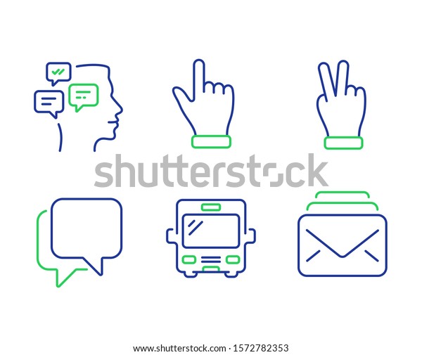 Talk bubble,\
Messages and Click hand line icons set. Bus, Victory hand and Mail\
signs. Chat message, Notifications, Direction finger. Tourism\
transport. Business set.\
Vector
