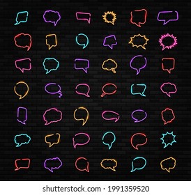 Talk bubble neon signs collection. Circle, square, speech bubble, star, triangle, heart, hexagon and other glowing neon frames on a dark transparent background.