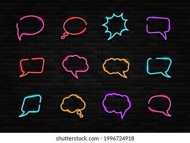 Talk bubble neon signs collection. Vector set of realistic isolated neon sign of Speech Bubble logo for decoration and covering on the wall background.