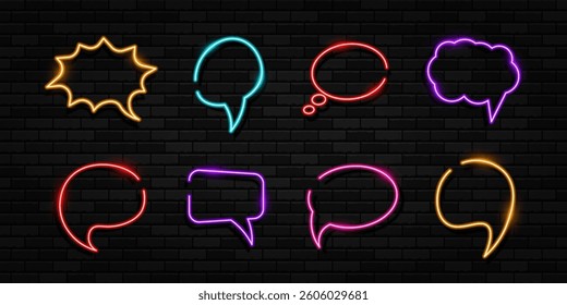 Talk bubble neon signs collection. Circle, square, speech bubble, star, triangle, heart, hexagon and other glowing neon frames on a dark transparent background. - Powered by Shutterstock - Get 15% off with code: PIKWIZARD15