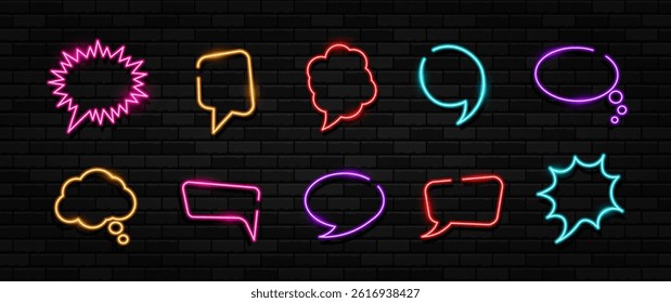 Talk bubble neon signs collection. Vector set of realistic isolated neon sign of Speech Bubble logo for decoration and covering on the wall background.