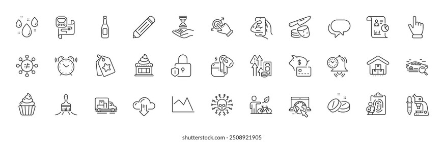 Talk bubble, Piggy bank and Time hourglass line icons. Pack of Report, Alarm clock, Search car icon. Time management, Potato chips, Cloud download pictogram. Internet, Truck transport. Vector