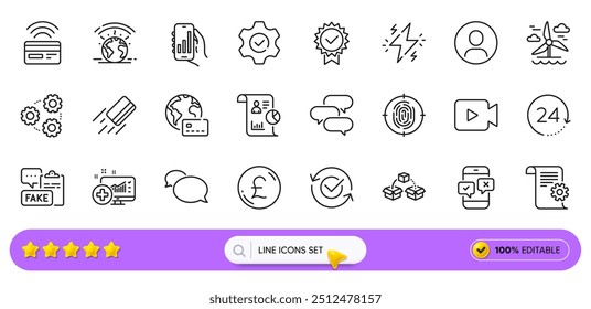 Burbuja de conversación, libra de dinero e íconos de línea aprobados para el App de Web. Paquete de análisis médicos, huellas dactilares, iconos de pictogramas de informe. Molino de viento, pago sin contacto, señales de documentos falsos. Barra de Búsqueda. Vector