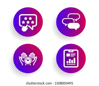 Talk bubble, Ranking star and Safe time icons simple set. Halftone dots button. Report document sign. Chat message, Click rank, Management. Page with charts. Education set. Vector