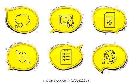 Señal de burbuja. Certificado de diploma, salva las burbujas de chat del planeta. Desplazarse hacia abajo, lista de verificación y configuración de archivos, iconos de línea establecidos. Silencio del ratón, lista de datos, administración de archivos. Mensaje de conversación. Conjunto de tecnología. Vector