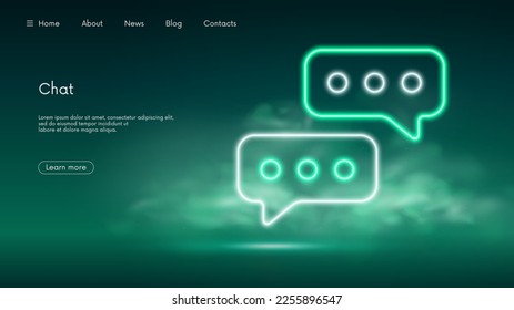 Signo de discurso de burbuja de charla, comentarios y apoyo de grupo chat y diálogo, iconos de mensaje y notificación, tecnología futurista con neón turquesa resplandeciente en el humo, vectores de fondo de negocio