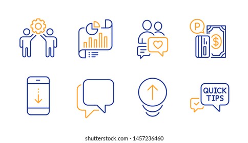 Talk bubble, Swipe up and Dating chat line icons set. Parking payment, Scroll down and Report document signs. Employees teamwork, Quick tips symbols. Chat message, Scrolling page. Vector