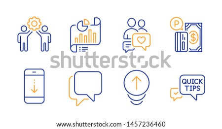 Talk bubble, Swipe up and Dating chat line icons set. Parking payment, Scroll down and Report document signs. Employees teamwork, Quick tips symbols. Chat message, Scrolling page. Vector