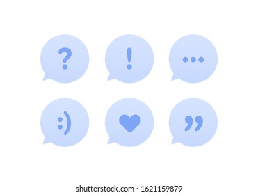 Talk bubble symbol collection. Vector flat illustration. Smile, question and exclamation mark, heart and quote sign. Design element for banner, poster, web background, infographic