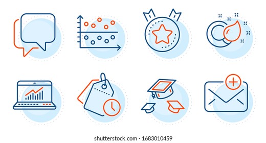 Talk bubble, Time management and Throw hats signs. New mail, Ranking star and Dot plot line icons set. Online statistics, Paint brush symbols. Add e-mail, Winner medal. Education set. Vector