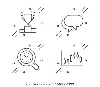 Talk bubble, Time management and Winner podium line icons set. Candlestick graph sign. Chat message, Time analysis, Competition results. Finance chart. Education set. Vector