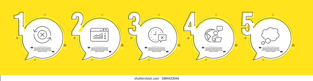 Talk bubble, Time and Web traffic line icons set. Timeline process infograph. Reject refresh sign. Chat message, Remove alarm, Website window. Update rejection. Technology set. Vector