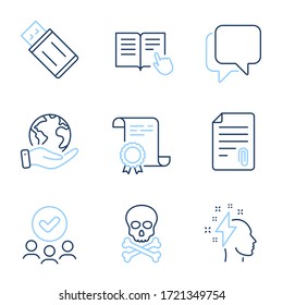 Talk bubble, Usb flash and Attachment line icons set. Diploma certificate, save planet, group of people. Brainstorming, Chemical hazard and Read instruction signs. Vector