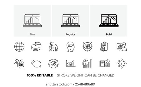 Sprechblase, Weariness und Instruction Info Line Icons. Paket mit Globe, genehmigte Teamarbeit, Stress-Symbol. Diagramm, Stress wächst, Piktogramm des Präsentationspanels. Buchhaltung, kreative Idee. Vektorgrafik