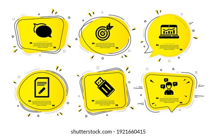 Talk bubble, Web analytics and Edit document icons simple set. Yellow speech bubbles with dotwork effect. Usb flash, Target and Conversation messages signs. Vector