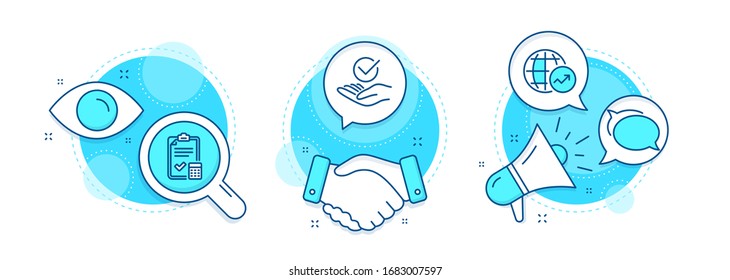 Talk bubble, World statistics and Accounting checklist line icons set. Handshake deal, research and promotion complex icons. Approved sign. Chat message, Global report, Calculator. Vector