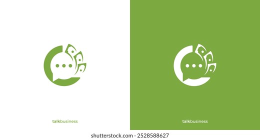 Fale com o logotipo comercial. Bubble Chat e Money com estilo minimalista. Talk Money Logotipo, Ícone, Símbolo, Vetor, Inspiração de design.